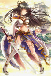 Rule 34 | 1girl, black hair, breasts, castle, cleavage, closed mouth, commentary request, crop top, frilled skirt, frilled sleeves, frills, full body, garter straps, hair ornament, hair stick, high ponytail, himeji castle, holding, holding sword, holding weapon, katana, long hair, looking at viewer, medium breasts, midriff, miniskirt, natsuya (kuttuki), navel, off-shoulder shirt, off shoulder, purple skirt, red eyes, sandals, shirt, single thighhigh, skirt, solo, sword, tabi, thighhighs, venus blade, weapon, white shirt, white thighhighs, wide sleeves, zouri