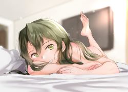 Rule 34 | 1girl, barefoot, blurry, blurry background, blush, commentary, feet, foreshortening, green eyes, green hair, grin, hair between eyes, indoors, jewelry, kabayaki namazu, kantai collection, light particles, long hair, lying, nude, on bed, on stomach, ring, sidelocks, smile, soles, toes, wedding band, zuikaku (kancolle)