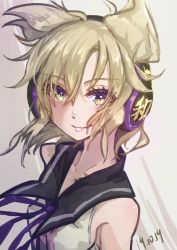 Rule 34 | 1girl, bare shoulders, blonde hair, breasts, collarbone, commentary request, dated, earmuffs, grey background, hair between eyes, looking at viewer, neck ribbon, one-hour drawing challenge, pointy hair, purple ribbon, ribbon, short hair, sleeveless, small breasts, smile, solo, syuri22, touhou, toyosatomimi no miko, upper body, yellow eyes