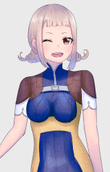 Rule 34 | 1girl, absurdres, bad id, bad pixiv id, blonde hair, bodysuit, braid, breasts, brown eyes, final fantasy, final fantasy xii, highres, long hair, looking at viewer, mukawarimo, one eye closed, open mouth, penelo, simple background, smile, solo, twin braids, twintails