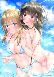 Rule 34 | 2girls, :d, bikini, black hair, blue bikini, blue eyes, blue sky, blush, breasts, brown eyes, brown hair, cleavage, closed mouth, cloud, collarbone, commentary request, contrail, day, embarrassed, hair ornament, hairclip, hand on another&#039;s shoulder, highres, lino (lilyparty07), medium breasts, medium hair, mole, mole under eye, multiple girls, navel, open mouth, original, outdoors, pink bikini, sidelocks, sky, small breasts, smile, swimsuit, water, water drop, wet