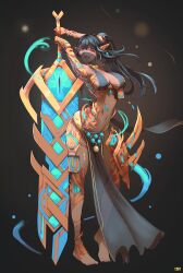 1girl black_background black_hair blue_eyes blue_hair breasts cursed_sword_(monster_girl_encyclopedia) dark-skinned_female dark_skin giant_sword glowing glowing_sword glowing_weapon harem_outfit heterochromia huge_sword huge_weapon loincloth looking_at_viewer monster_girl monster_girl_encyclopedia monster_girl_encyclopedia_ii multicolored_hair open_mouth original pointy_ears ponytail red_eyes revealing_clothes sagging_breasts sideboob simple_background slit_pupils smile sword two-tone_hair ushien weapon