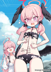 Rule 34 | 2girls, :d, @ @, ahoge, bikini, bikini under clothes, black bikini, black bow, black wings, blue archive, blush, body writing, bow, braid, breasts, closed eyes, collarbone, commentary, dick-o-meter, english commentary, feathered wings, floral print, flying sweatdrops, front-tie bikini top, front-tie top, hair between eyes, hair bow, halo, halterneck, hanako (blue archive), hanako (swimsuit) (blue archive), head wings, highres, hm (hmongt), holding, holding marker, koharu (blue archive), koharu (swimsuit) (blue archive), large breasts, length markings, long hair, low twintails, low wings, marker, measuring, multiple girls, navel, nose blush, official alternate costume, open mouth, paid reward available, penis measuring, pink eyes, pink hair, pink halo, print bikini, revision, shirt, side braid, single braid, small breasts, smile, spaghetti strap, swimsuit, tearing up, tears, twintails, wavy mouth, white bow, white shirt, wings