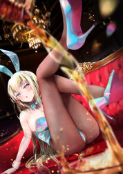 Rule 34 | 1girl, :o, animal ears, bare arms, bare shoulders, blonde hair, blue eyes, blue footwear, blue leotard, blush, breasts, brown pantyhose, couch, fake animal ears, high heels, highres, large breasts, legs, leotard, long hair, looking at viewer, open mouth, original, pantyhose, playboy bunny, pumps, rabbit ears, shoes, solo, stiletto heels, thighs, tomozero, wrist cuffs