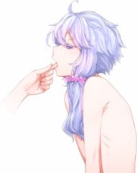 Rule 34 | 1girl, ahoge, armpit crease, colored eyelashes, commentary request, completely nude, disembodied limb, expressionless, from side, half-closed eyes, hunched over, looking at another, mochi (mochi444420), nude, open mouth, purple eyes, purple hair, ribs, short hair with long locks, simple background, tongue, tongue grab, tongue out, upper body, v arms, vocaloid, voiceroid, white background, yuzuki yukari, yuzuki yukari (onn)