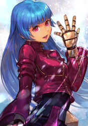 Rule 34 | 1girl, arm up, belt, blue background, blue hair, bodysuit, breasts, closed mouth, crop top, eyebrows hidden by hair, gloves, hungry clicker, ice, kula diamond, long hair, long sleeves, looking at viewer, medium breasts, open mouth, red eyes, smile, snk, snow, solo, straight hair, the king of fighters, thigh gap, very long hair, yellow gloves, zipper