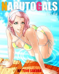 1girl ass asymmetrical_bangs bare_shoulders bikini boruto:_naruto_next_generations breasts character_name cleavage cloud english_text facial_mark forehead_mark green_bikini green_eyes hairband haruno_sakura highres leaning_forward looking_at_viewer naruto_(series) pink_hair saburo_des short_hair side-tie_bikini_bottom sky small_breasts smile swimsuit twitter_username water wet wet_hair white_hairband