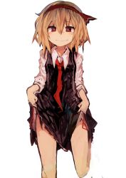 Rule 34 | 1girl, absurdres, black dress, blonde hair, collared shirt, commentary request, dress, fang, hair ribbon, headband, highres, kaamin (mariarose753), red eyes, red neckwear, ribbon, rumia, shirt, short hair, simple background, skirt hold, smile, standing, standing on one leg, touhou, white background, white shirt
