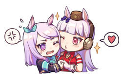 Rule 34 | 2girls, anger vein, animal ears, armband, blunt bangs, bow, bowtie, chibi, chinese commentary, commentary, flying sweatdrops, gloves, gold ship (umamusume), green bow, headwear request, heart, horse ears, horse girl, light purple hair, long hair, long sleeves, mejiro mcqueen (umamusume), mixed-language commentary, multiple girls, one eye closed, pillbox hat, pink eyes, pouty lips, purple eyes, purple hair, red bow, red neckwear, sleeveless, spoken anger vein, spoken heart, umamusume, upper body, white gloves, wufaxianshi cnd