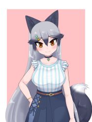 Rule 34 | 1girl, animal ear fluff, animal ears, aramaru, blue choker, blue shirt, blue skirt, blush, casual, choker, commentary request, cowboy shot, extra ears, fox ears, fox girl, fox tail, frilled sleeves, frills, grey hair, hair between eyes, hair ornament, hairclip, hand on own hip, head tilt, high-waist skirt, highres, jewelry, kemono friends, kemono friends 3, long hair, looking at viewer, multicolored hair, necklace, official alternate costume, orange eyes, pink background, shirt, short sleeves, sidelocks, silver fox (kemono friends), simple background, skirt, solo, striped clothes, striped shirt, tail, two-tone shirt, very long hair, white shirt