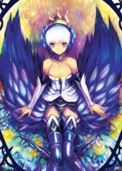 Rule 34 | 1girl, bare shoulders, blue eyes, breasts, cleavage, detached sleeves, dress, gwendolyn (odin sphere), kara (color), odin sphere, short hair, solo, strapless, strapless dress, valkyrie, white hair