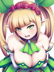Rule 34 | 1girl, :o, bare shoulders, blonde hair, breast hold, breasts, cozyluk, detached collar, dress, elbow gloves, elf, flower, gloves, green dress, green eyes, green neckwear, hair flower, hair ornament, hairband, large breasts, long hair, pointy ears, sennen sensou aigis, solo, spica (sennen sensou aigis), standing, twintails, upper body, white background