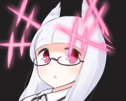 Rule 34 | 1girl, :o, black background, blunt bangs, blush, dress shirt, glasses, head wings, heidimarie w. schnaufer, hirschgeweih antennas, long hair, open mouth, pink eyes, seedflare, shirt, simple background, solo, strike witches, upper body, white hair, wings, world witches series