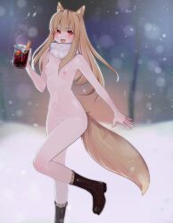 Rule 34 | 1girl, absurdres, animal ears, black footwear, boots, breasts, brown hair, commentary, completely nude, cup, erroten, eyes visible through hair, fang, highres, holding, holding cup, holo, just shoes, long hair, navel, nipples, nude, open mouth, outdoors, red eyes, scarf, small breasts, smile, snow, snowing, solo, spice and wolf, standing, standing on one leg, steam, tail, tea, variant set, white scarf, wolf ears, wolf girl, wolf tail