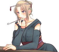 Rule 34 | 1girl, absurdres, blonde hair, blue eyes, detached sleeves, earrings, facial scar, gintama, grey kimono, grey sleeves, hair ornament, highres, holding, japanese clothes, jewelry, kimono, leaning forward, long sleeves, obi, paleatus, sash, scar, scar on cheek, scar on face, short hair, simple background, sleeveless, sleeveless kimono, solo, tsukuyo (gintama), white background