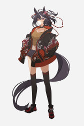 Rule 34 | 1girl, absurdres, adapted costume, ahoge, amano haruka (sakogamitokuan), animal ears, black hair, black thighhighs, breasts, blowing bubbles, casual, chewing gum, choker, collarbone, commentary, full body, hair ornament, halterneck, halterneck, hands in pockets, highres, horse ears, horse girl, horse tail, jacket, kitasan black (umamusume), midriff, multicolored hair, navel, open clothes, open jacket, red eyes, shoes, short hair, shorts, simple background, solo, streaked hair, tail, thighhighs, umamusume, white background, white hair