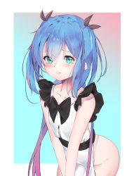 Rule 34 | 1girl, 7ma, arched back, ass, bad id, bad pixiv id, blue eyes, blue hair, blush, bow, breasts, china dress, chinese clothes, collarbone, dress, hair bow, hair ornament, highres, leaning forward, looking at viewer, maid, nawa holang-inim, outside border, parted lips, pelvic curtain, pleated sleeves, sash, short hair, sleeveless, small breasts, solo, standing, tearing up, two side up, v arms