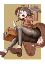 Rule 34 | 1girl, absurdres, ass, bag, black hair, brown hat, brown jacket, brown skirt, cabbie hat, camera, collared shirt, hat, high heels, highres, jacket, long sleeves, looking at viewer, necktie, open mouth, pantyhose, pointy ears, red eyes, red necktie, shameimaru aya, shameimaru aya (newsboy), shirt, short hair, skirt, solo, suit jacket, touhou, white shirt, yazato ichimushi