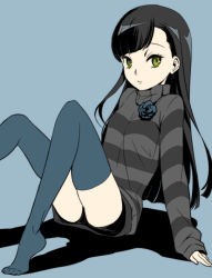 Rule 34 | 10s, 1girl, arm support, asymmetrical bangs, black hair, black thighhighs, blue background, blue flower, blue rose, blue thighhighs, eyelashes, flower, green eyes, leaning, legs, long hair, long sleeves, looking at viewer, mole, mytyl, no shoes, pale skin, panties, pantyshot, rose, sasa kazamori, shadow, short shorts, shorts, simple background, sitting, sleeves past wrists, solo, striped clothes, striped sweater, sweater, thighhighs, thighs, tiptoes, turtleneck, un-go, underwear
