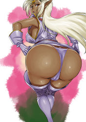 Rule 34 | 1girl, ass, bare shoulders, blonde hair, blush, boots, breasts, brown eyes, butt crack, cameltoe, cleft of venus, dark-skinned female, dark elf, dark skin, dress, elf, female focus, from behind, gloves, highres, huge ass, large breasts, leaning, leaning forward, long hair, looking at viewer, looking back, matsuda shin, parted lips, pirotess, pointy ears, record of lodoss war, shiny clothes, shiny skin, short dress, sideboob, skirt, solo, thigh boots, thighhighs, very long hair