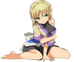 Rule 34 | 1girl, bad id, bad twitter id, bare shoulders, barefoot, black dress, blonde hair, blue skirt, blush, breasts, brown jacket, brown shirt, dress, expressionless, full body, hair between eyes, hand on own elbow, hasebe yuusaku, head tilt, jacket, layered clothes, legs, looking at viewer, medium breasts, mizuhashi parsee, off shoulder, parted lips, pointy ears, shirt, short dress, short hair, sidelocks, simple background, sitting, skirt, sleeveless, sleeveless dress, solo, thighs, tight dress, touhou, wariza, white background