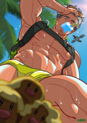 Rule 34 | 1boy, absurdres, alolan dugtrio, alolan form, backpack, bag, bara, blurry, blurry background, blurry foreground, creatures (company), facial hair, food, from below, game freak, gen 3 pokemon, gen 7 pokemon, hand in own hair, highres, looking at viewer, looking down, male focus, male swimwear, muscular, nintendo, nipples, palm tree, pokemon, pokemon (creature), pokemon go, popsicle, precum, stubble, sunglasses, swim briefs, swimsuit, thighs, tree, uncensored, willow (pokemon), wingull, xam silla, yellow male swimwear, yellow swim trunks