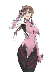 Rule 34 | 1girl, :d, blue eyes, bodysuit, breasts, brown hair, covered navel, cowboy shot, evangelion: 3.0 you can (not) redo, glasses, hairband, highres, lanme, long hair, looking at viewer, makinami mari illustrious, medium breasts, multicolored bodysuit, multicolored clothes, neon genesis evangelion, open mouth, pink bodysuit, plugsuit, rebuild of evangelion, red-framed eyewear, smile, solo, standing, twintails, v
