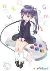 Rule 34 | 1girl, :o, aruma (sawayaka tokuko miruku), black footwear, blush, collared shirt, commentary request, controller, copyright name, flower, formal, full body, game controller, hair flower, hair ornament, hands on lap, highres, kneehighs, long hair, long sleeves, looking at viewer, mini person, minigirl, neck ribbon, new game!, open mouth, pink ribbon, purple eyes, purple hair, purple skirt, ribbon, round teeth, shirt, shoes, sitting, skirt, socks, solo, suit, suzukaze aoba, teeth, twintails, v arms, white shirt, white socks