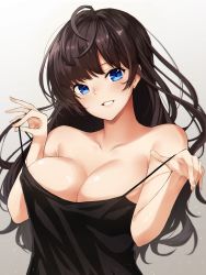 Rule 34 | 10s, 1girl, :d, ahoge, bare arms, bare shoulders, black dress, blush, bokokichi (you), breasts, cleavage, collarbone, covered erect nipples, dress, earrings, gradient background, head tilt, highres, ichinose shiki, idolmaster, idolmaster cinderella girls, jewelry, large breasts, long hair, looking at viewer, open mouth, parted lips, pulled by self, sleeveless, sleeveless dress, smile, solo, strap pull, stud earrings, teeth, undressing, upper body, wavy hair