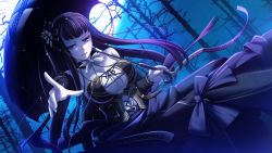 Rule 34 | 1girl, bare shoulders, black hair, blue eyes, breasts, cleavage, dress, elbow gloves, elgamisera, eushully, female focus, game cg, gloves, hair ornament, holding, kami no rhapsody, large breasts, long hair, looking at viewer, mitsuki, moon, night, open mouth, pale skin, pointing, sky, solo, standing, tree, umbrella, yakuri