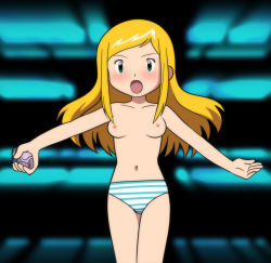 1girl arms_at_sides blonde_hair blush breasts digimon digimon_frontier digivice green_eyes highres long_hair navel nipples open_mouth orimoto_izumi panties small_breasts solo striped_clothes striped_panties underwear yume_yoroi