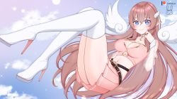 Rule 34 | 1girl, blue eyes, blush, boots, breasts, choker, cloud, cloudy sky, commentary, detached sleeves, hair between eyes, head wings, heart, heart-shaped pupils, high heel boots, high heels, large breasts, lewdlux, long hair, looking at viewer, loomee, midriff, pink hair, pleated skirt, pointy ears, signature, skirt, sky, smile, solo, symbol-shaped pupils, thigh boots, thighhighs, virtual youtuber, white wings, wings