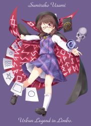 Rule 34 | 1girl, bow, brown hair, character name, cloak, copyright name, fedora, glasses, hat, hat bow, hexagram, highres, kneehighs, ksk (semicha keisuke), loafers, occult ball, one eye closed, plaid, plaid skirt, plaid vest, quimbaya airplane, runes, school uniform, shoes, short twintails, skirt, skull, smile, socks, star of david, tablet pc, touhou, twintails, usami sumireko, vest, zener card