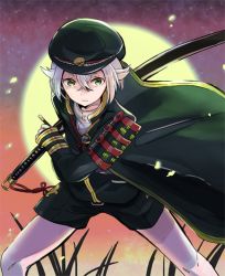 Rule 34 | 10s, 1boy, armor, cape, fighting stance, fireflies, full moon, gradient background, green eyes, hair flaps, hat, hotarumaru, japanese armor, long sleeves, looking at viewer, male focus, military, military uniform, moon, name connection, short hair, shorts, shoulder armor, silver hair, sode, solo, toi (toiot), touken ranbu, uniform