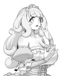 Rule 34 | 1girl, applying makeup, aya shachou, bare shoulders, big hair, breasts, cleavage, collar, commentary request, crown, detached sleeves, dress, fingernails, greyscale, highres, holding, huge breasts, jewelry, juliet sleeves, layered sleeves, lipstick, long hair, long sleeves, looking at viewer, makeup, monochrome, necklace, original, parted lips, princess, puffy sleeves, short over long sleeves, short sleeves, simple background, solo, strapless, strapless dress, white background