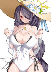 Rule 34 | 1girl, absurdres, black hair, blue archive, breasts, brown hat, cleavage, closed mouth, collarbone, eyes visible through hair, flower, flower hat, hair over one eye, hat, highres, hinata (blue archive), hinata (swimsuit) (blue archive), large breasts, long hair, looking at viewer, official alternate costume, okine (okine691), one-piece swimsuit, red eyes, simple background, smile, solo, straw hat, swimsuit, white background, white flower, white one-piece swimsuit