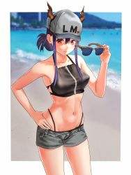 Rule 34 | 1girl, absurdres, alternate hairstyle, arknights, bad id, bad pixiv id, bare arms, bare shoulders, baseball cap, beach, bikini, black bikini, blue hair, blurry, blurry background, border, breasts, ch&#039;en (arknights), ch'en (arknights), commentary request, cowboy shot, day, dragon horns, unworn eyewear, female tourist c (arknights), folded ponytail, grey shorts, groin, hair between eyes, hand on own hip, hand up, hat, heart, highleg, highleg bikini, highres, holding, holding removed eyewear, horns, kevala0513, long hair, looking at viewer, medium breasts, navel, ocean, official alternate costume, outdoors, outside border, parted lips, red eyes, short shorts, shorts, sidelocks, solo, standing, stomach, sunglasses, sunglasses removed, swimsuit, thighs, water, white border