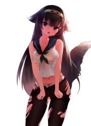 Rule 34 | 1girl, :o, absurdres, bad id, bad pixiv id, bare arms, bare shoulders, black neckerchief, black sailor collar, blouse, bow, bow panties, breasts, breasts squeezed together, brown hair, brown pantyhose, collarbone, dokomon, fang, fingernails, girls&#039; frontline, hair between eyes, hair flaps, hairband, head tilt, highres, kemonomimi mode, long hair, medium breasts, navel, neckerchief, no pants, open mouth, panties, pantyhose, purple eyes, sailor collar, school uniform, serafuku, shirt, simple background, sleeveless, sleeveless shirt, solo, super sass (girls&#039; frontline), tail, tail raised, thighband pantyhose, torn clothes, torn pantyhose, underwear, very long hair, white background, white panties, white shirt