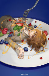 Rule 34 | 1boy, akechi gorou, blue background, blueberry, brown eyes, brown hair, chinese commentary, collared shirt, dismemberment, food, fork, fruit, grey jacket, hair between eyes, highres, jacket, long sleeves, looking at viewer, lying, male focus, necktie, on back, on plate, parted lips, persona, persona 5, plate, quan g tong, raspberry, shirt, short hair, solo, strawberry, syrup, weibo watermark, white shirt