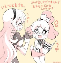 Rule 34 | animal ears, armor, bell, blush stickers, bucket, corrin (female) (fire emblem), corrin (fire emblem), dog ears, dog girl, dog tail, eromame, fire emblem, fire emblem fates, hair ornament, hairband, isabelle (animal crossing), long hair, multiple girls, nintendo, open mouth, pointy ears, short hair, skirt, smile, super smash bros., tail, topknot, translation request, wet