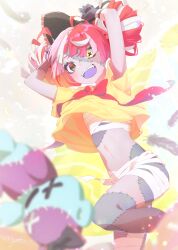 Rule 34 | 1girl, absurdres, doll, heterochromia, highres, hololive, hololive indonesia, kureiji ollie, multicolored hair, pink hair, red hair, shirt, smile, solo, t-shirt, tisca, virtual youtuber, white hair, yellow eyes, yellow shirt, zombie