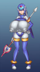 Rule 34 | 1girl, alternate breast size, blue eyes, bluespice, blush, bodysuit, boots, breasts, capcom, covered erect nipples, curvy, full body, gigantic breasts, gloves, gradient background, hand on own hip, helmet, highres, holding, holding polearm, holding spear, holding weapon, fairy leviathan (mega man), mega man (series), mega man zero (series), nipples, polearm, simple background, solo, spear, standing, thigh boots, thighhighs, weapon, white gloves