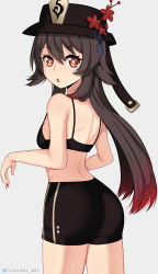 Rule 34 | 1girl, ass, bare shoulders, bra, breasts, brown hair, colored tips, from behind, genshin impact, gradient hair, grey background, hat, highres, hioyami, hu tao (genshin impact), long hair, looking at viewer, multicolored hair, open mouth, red eyes, red hair, shiny skin, shorts, sideboob, simple background, small breasts, solo, symbol-shaped pupils, underwear, very long hair