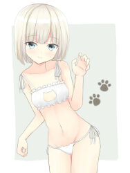 Rule 34 | 1girl, bare arms, bare legs, bare shoulders, blonde hair, blue eyes, bra, breasts, cat cutout, cat lingerie, clothing cutout, commentary request, dot nose, groin, light blush, light smile, meme attire, nanashiro (746dayo), navel, original, panties, short hair, side-tie panties, simple background, small breasts, solo, standing, stomach, thighs, underwear, underwear only, white bra, white panties