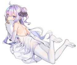 Rule 34 | 1girl, ahoge, azur lane, bad id, bad pixiv id, commentary request, hugging doll, dress, elbow gloves, from behind, gloves, hair bun, hair ribbon, kurut, long hair, looking at viewer, looking back, lying, hugging object, on stomach, one side up, pantyhose, ribbon, side bun, simple background, single hair bun, single side bun, solo, stuffed animal, stuffed pegasus, stuffed toy, stuffed unicorn, stuffed winged unicorn, thighhighs, unicorn (azur lane), white dress, white gloves, white pantyhose