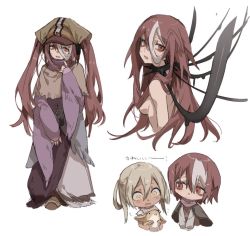 Rule 34 | 2girls, blush, brown capelet, brown footwear, brown headwear, capelet, chibi, chibi inset, collar, creature, cropped torso, flying sweatdrops, full body, hair between eyes, hair rings, hand up, holding, holding creature, irumyuui, long hair, looking at another, looking at viewer, made in abyss, multicolored hair, multiple girls, multiple views, nude, open mouth, red eyes, red hair, restrained, short hair, simple background, sleeves past wrists, smile, snowcake47, spiked collar, spikes, standing, sweatdrop, translated, twintails, two-tone hair, v arms, vueko, white background, white hair, yellow eyes