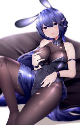 Rule 34 | 1girl, absurdly long hair, absurdres, animal ears, arm strap, azur lane, bare shoulders, black legwear, black leotard, blurry, bodystocking, bodysuit, breasts, cleavage, depth of field, detached collar, fake animal ears, hand on own chest, highleg, highleg leotard, highres, huge filesize, impossible bodysuit, impossible clothes, large breasts, leotard, long hair, new jersey (azur lane), new jersey (exhilarating steps!) (azur lane), official alternate costume, oversized breast cup, playboy bunny, purple eyes, purple hair, rabbit ears, samip, see-through, see-through cleavage, simple background, skin tight, thighs, very long hair