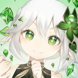Rule 34 | 1girl, closed mouth, elf, genshin impact, green eyes, hair ornament, highres, nahida (genshin impact), pointy ears, side ponytail, sioay, smile, solo, symbol-shaped pupils, white hair
