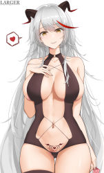 Rule 34 | 1girl, absurdres, aegir (azur lane), alternate costume, azur lane, breasts, center opening, condom, condom wrapper, demon horns, hand on own chest, heart, highres, holding, holding condom, horns, impossible clothes, large breasts, larger bmx, long hair, looking at viewer, multicolored hair, navel, pubic tattoo, red hair, silver hair, simple background, single thighhigh, solo, spoken heart, streaked hair, tattoo, thigh gap, thighhighs, thighs, two-tone hair, very long hair, white background, yellow eyes