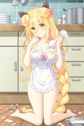 Rule 34 | 1girl, absurdly long hair, apron, blonde hair, blush, breasts, cream, date a live, finger to mouth, highres, hoshimiya mukuro, kitchen, kneeling, large breasts, long hair, looking at viewer, naked apron, solo, suggestive fluid, tsubasaki, very long hair, white apron, yellow eyes